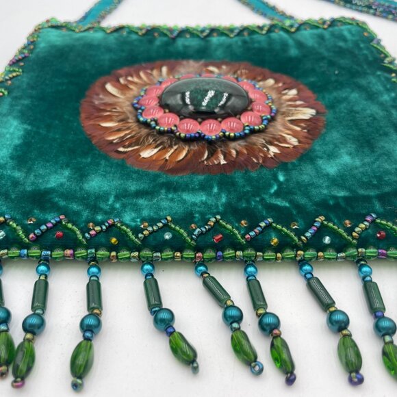 Handcrafted Boho Artisan Green Velvet Beaded Bag Feather Gem Bead Fringe Beaded - Picture 3 of 6